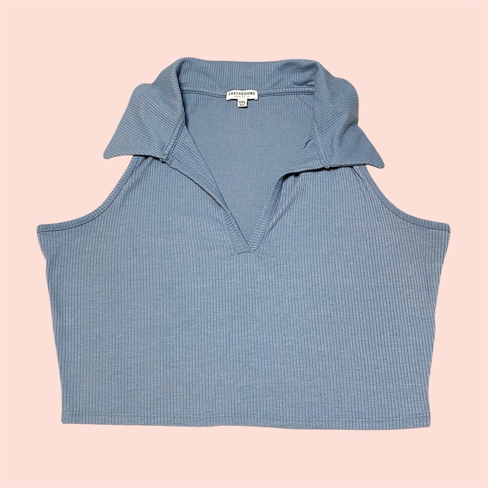 Earthbound Blue Rib Knit Collared Sleeveless Crop Top